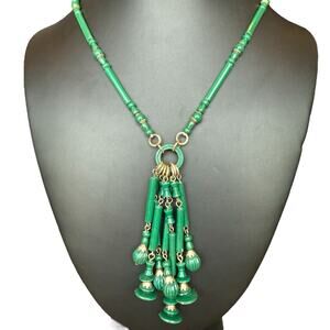 Vintage Green Plastic Tassel Necklace Made In Hong Kong